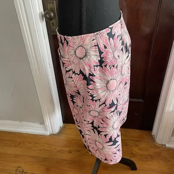 Talbots Vintage Floral Pencil Denim Skirt Womens Sz 10 Stretch Cotton Pink - Picture 7 of 8